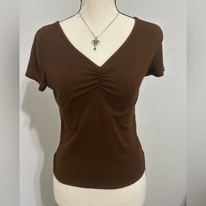 YMI Chocolate Brown V-Neck Ruched Tee